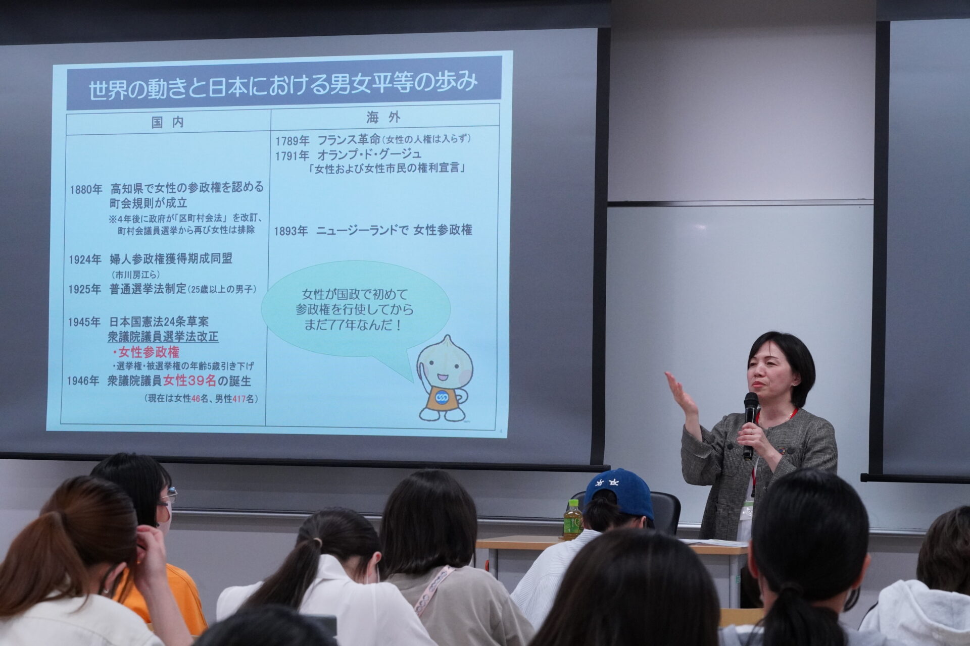 社会に出るための知識を付けよう！「実践キャリアプランニング」の授業で「日本労働組合総連合会」の副事務局長による講演が行われました。　